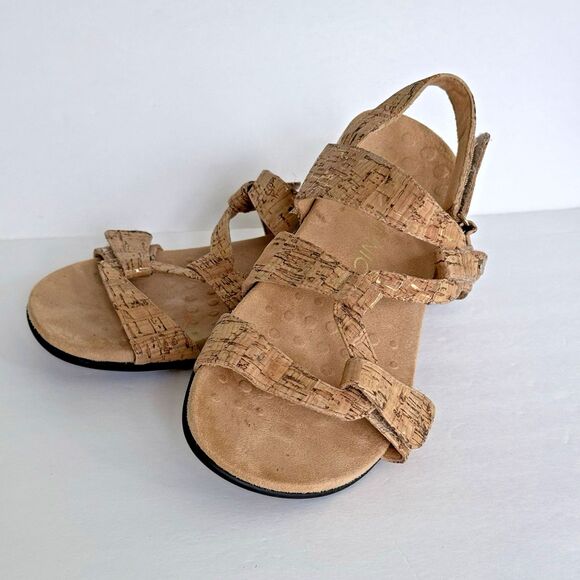 Vionic Sandals Womens Paros Cork Tan Strappy Flat Slingback Comfort Sz 9 EUC - Picture 1 of 10